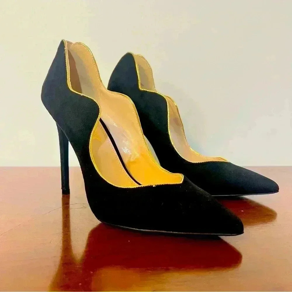 LEMON DROP BY PRIVILEGED BLACK HEELS GOLD TRIM SIZE 8.5 - Picture 5 of 15